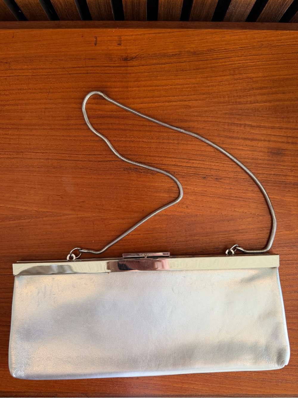 Calvin Klein Silver Metallic Frame Clutch with Chain